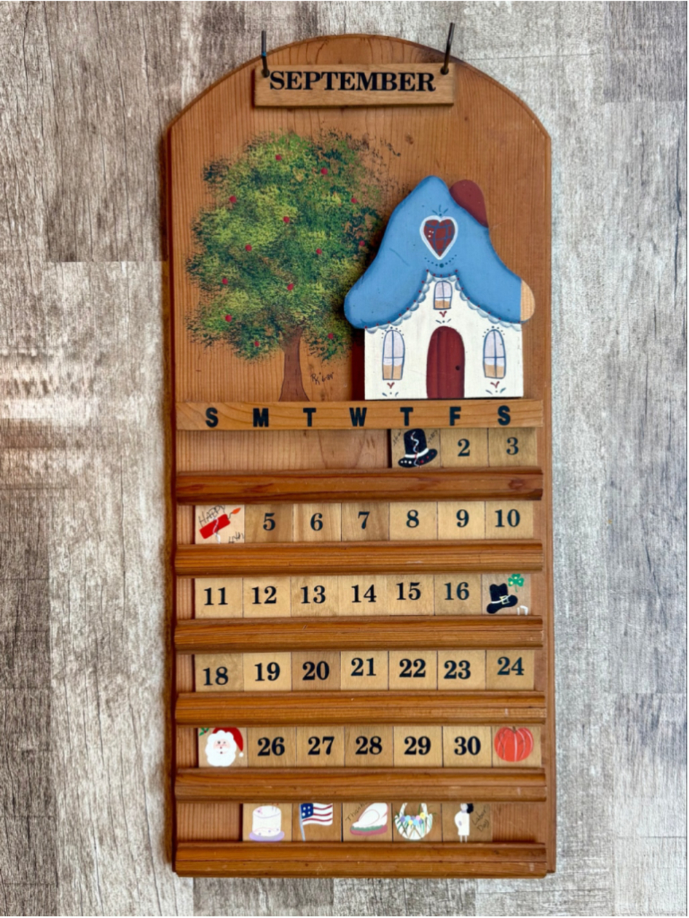 Vintage Wooden Perpetual Wall Calendar Hand Painted House Apple Tree Tiles 1980s